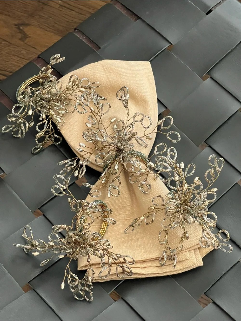 Pier 1 Imports Gold Beaded Crystal Floral Napkin Rings Set of 4